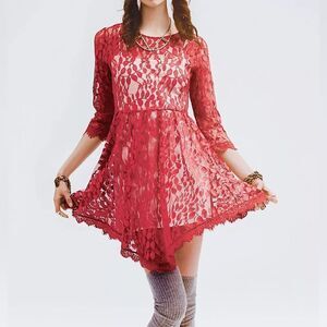 Free People Floral Mesh Lace Dress Red Size 6
